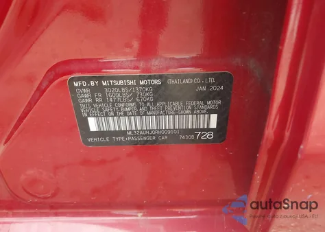 2024 Mitsubishi Mirage Es/Le z USA, uszkodzony, nr VIN ML32AUHJ0RH009101